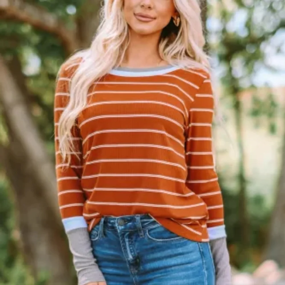 New Brown Extend Color Block Cuffs Rib Knit Striped Pullover - Picture 1 of 16